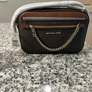 Michael Kors Black and Brown Crossbody with Gold Chain